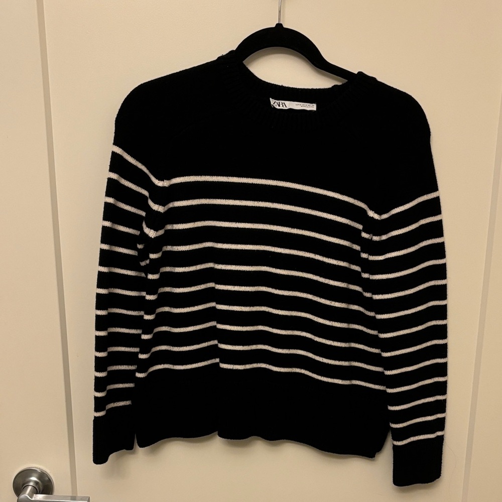 Zara Black and White Striped Crew Neck Sweater
